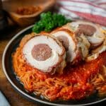 stuffed chicken Parmesan served over miracle noodles tossed in raos marinara