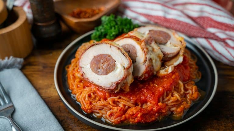 stuffed chicken Parmesan served over miracle noodles tossed in raos marinara
