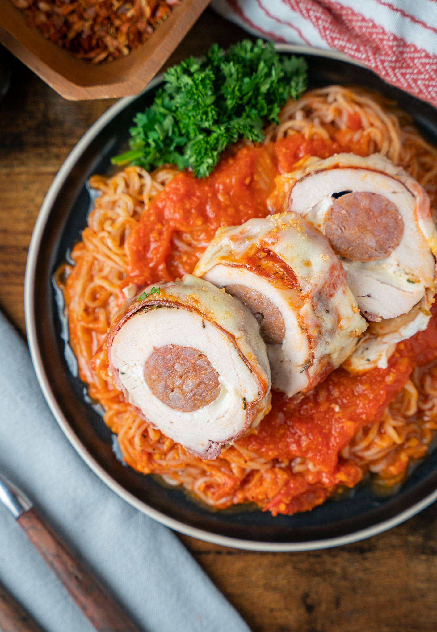 Keto stuffed chicken parmesan with sausage and fresh mozzarella