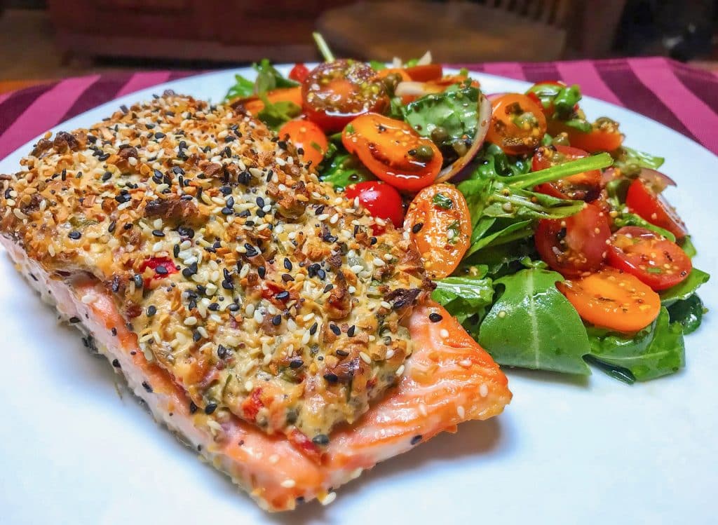 Everything Salmon with heirloom tomato salad