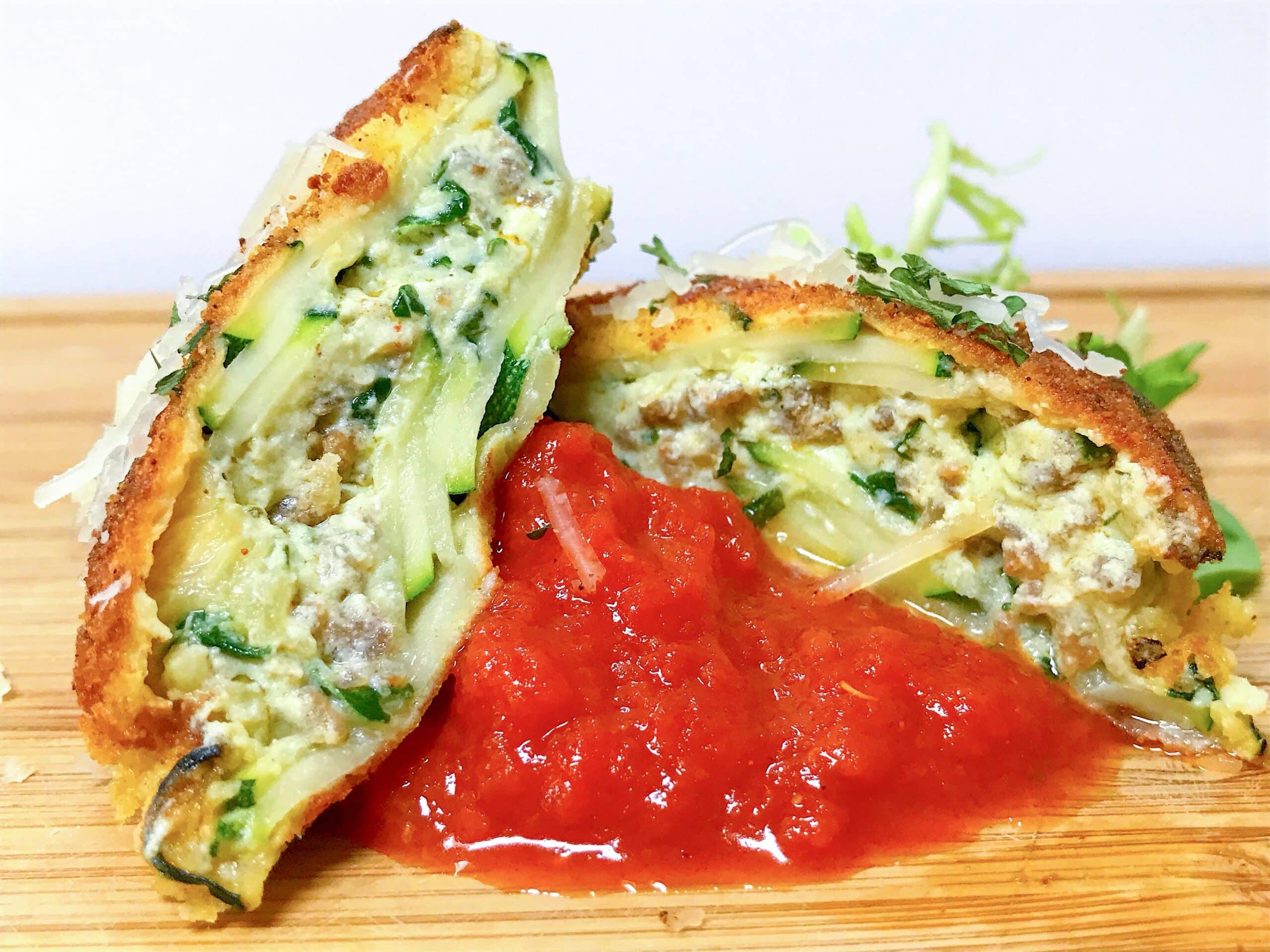 Zucchini Fried Ravioli low carb recipe with marinara spinach and sausage