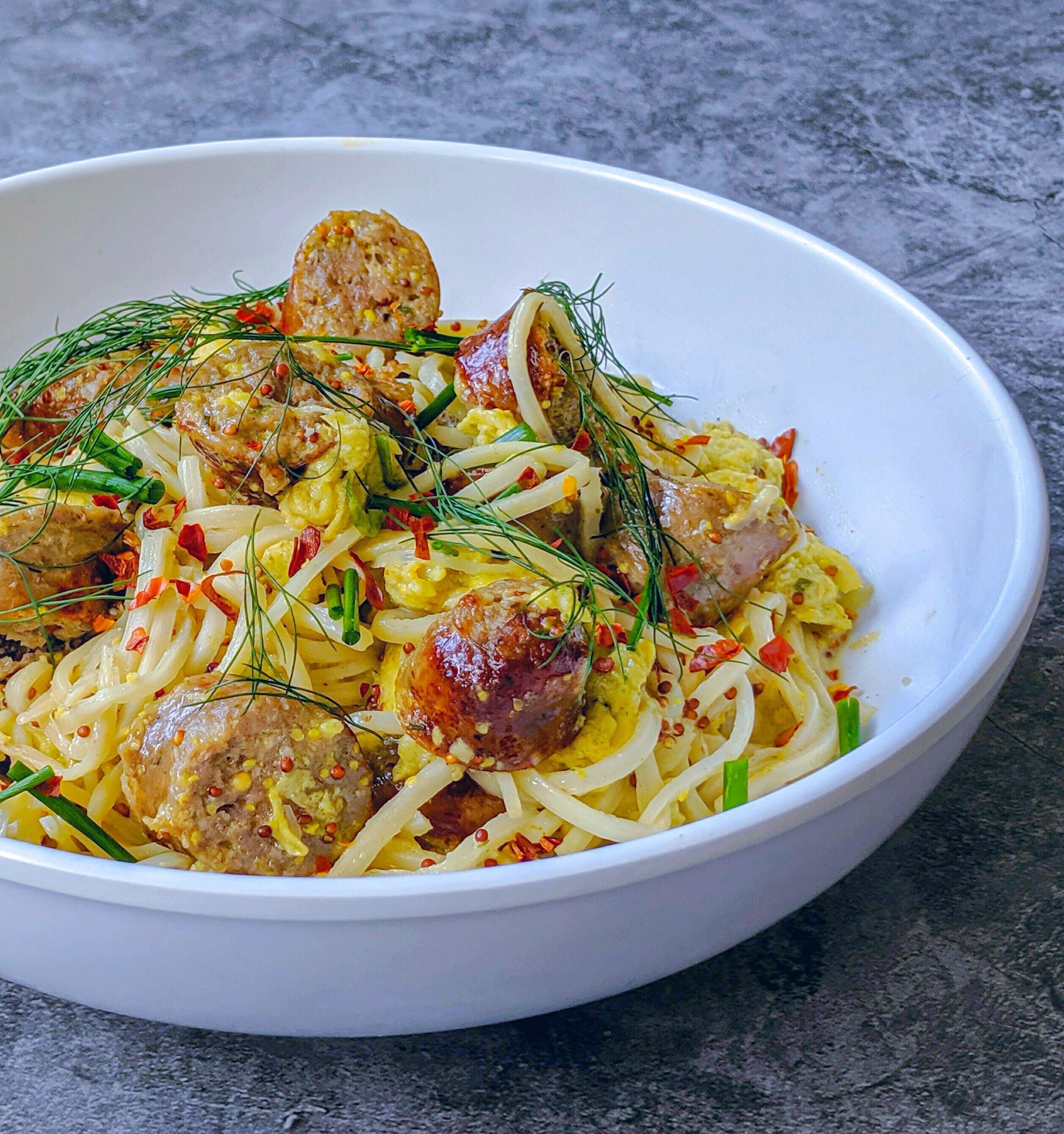 Keto Brunch pasta Brats and Eggs