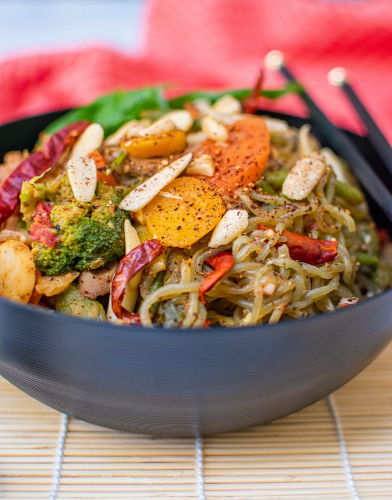 close up of Low carb Miracle noodle stir fry bowl
