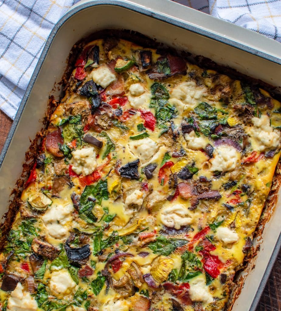 egg casserole with roasted vegetables bacon and Boursin cheese