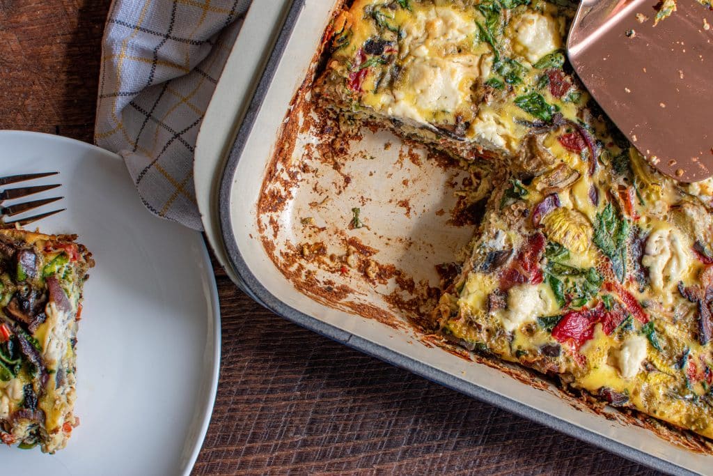 egg casserole with roasted vegetables bacon and Boursin cheese