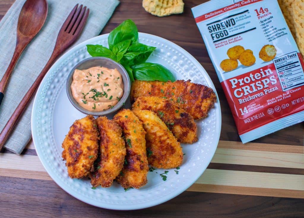 Low Carb Crispy Chicken Pizza Tenders with Calabrian Chile Aioli Dipping Sauce using Shred Food Brick oven Pizza Protein Puffs