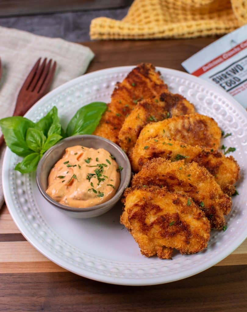 Shrewd Foods Brick oven Pizza flavored Chicken tenders with Calabrian Chile Aioli