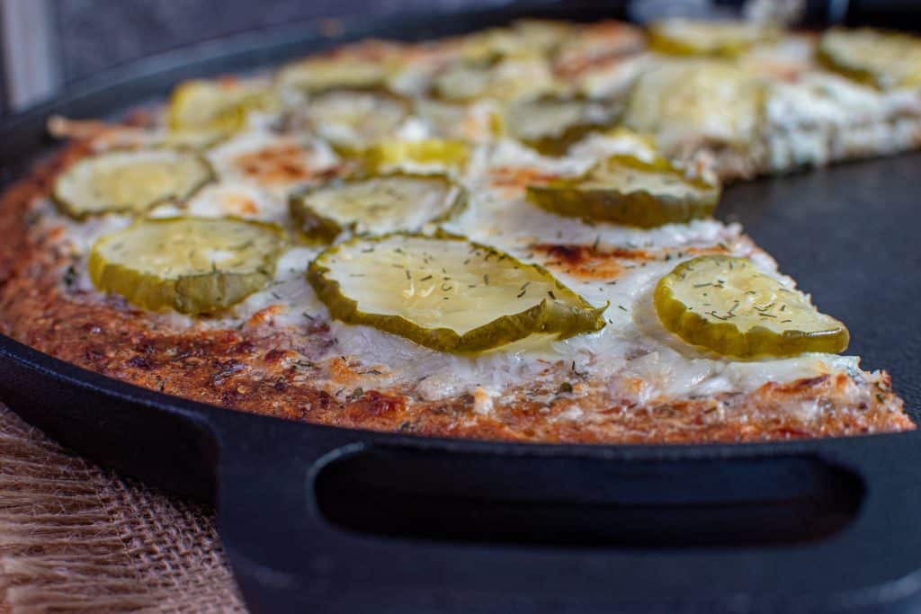 low carb dill pickle pizza from cast iron skillet