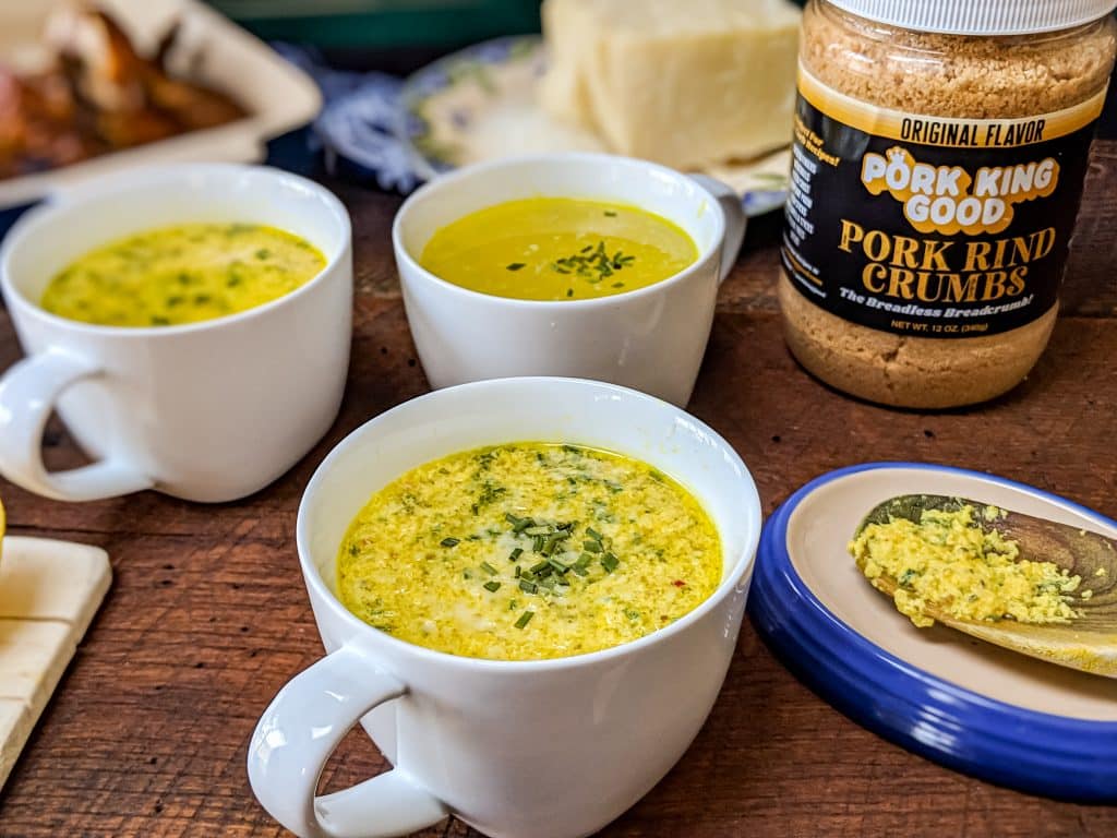 three mugs of stracciatella with pork king good breadcrumbs