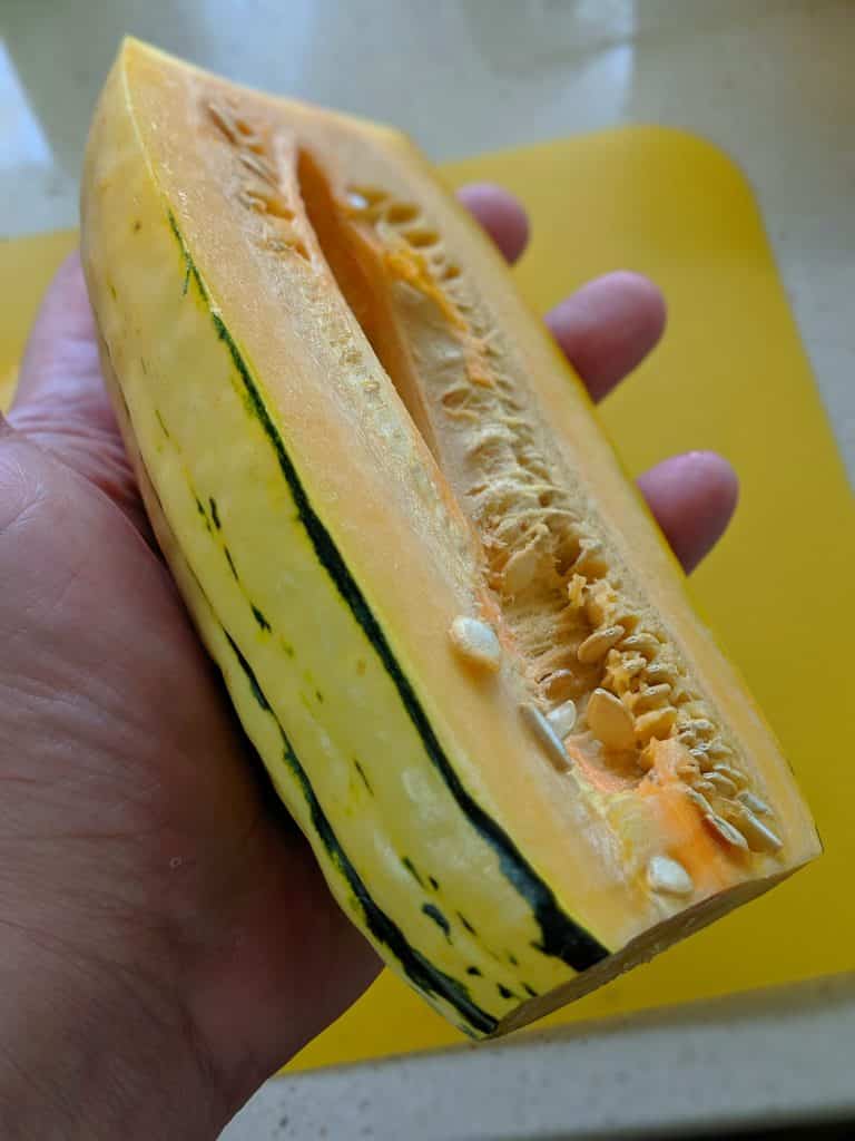 Delicata squash sliced in half to expose the seeds