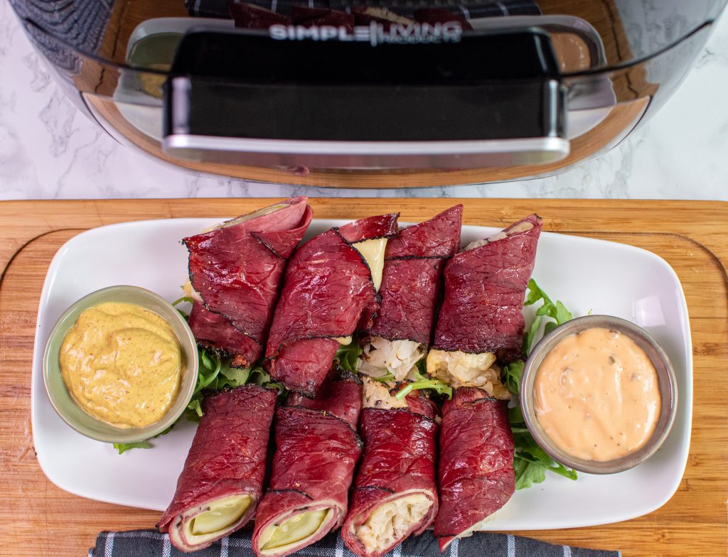 Air fryer pastrami roll ups with spicy mustard and Russian dressing