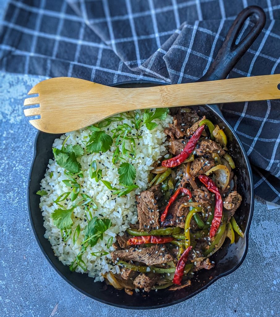 pepper steak served in a cast iron skillet from above