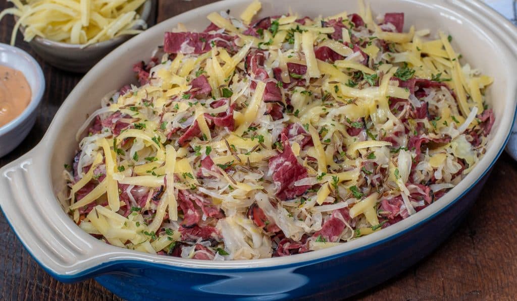 low carb Keto rueben egg roll in a bowl served in a oval casserole dish