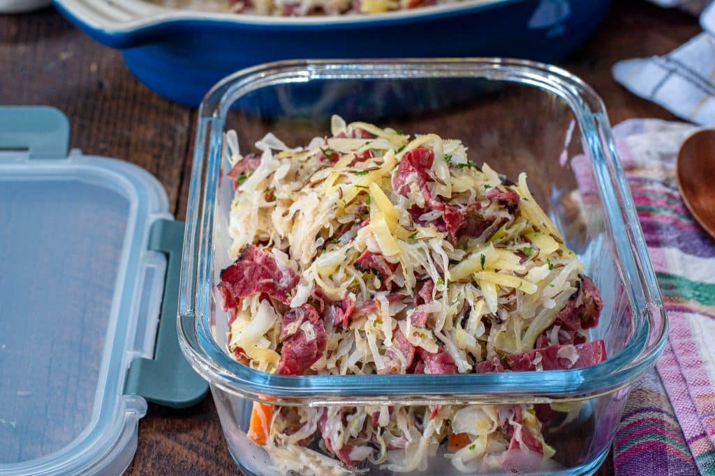 low carb rueben egg roll bowl in a glass meal prep container