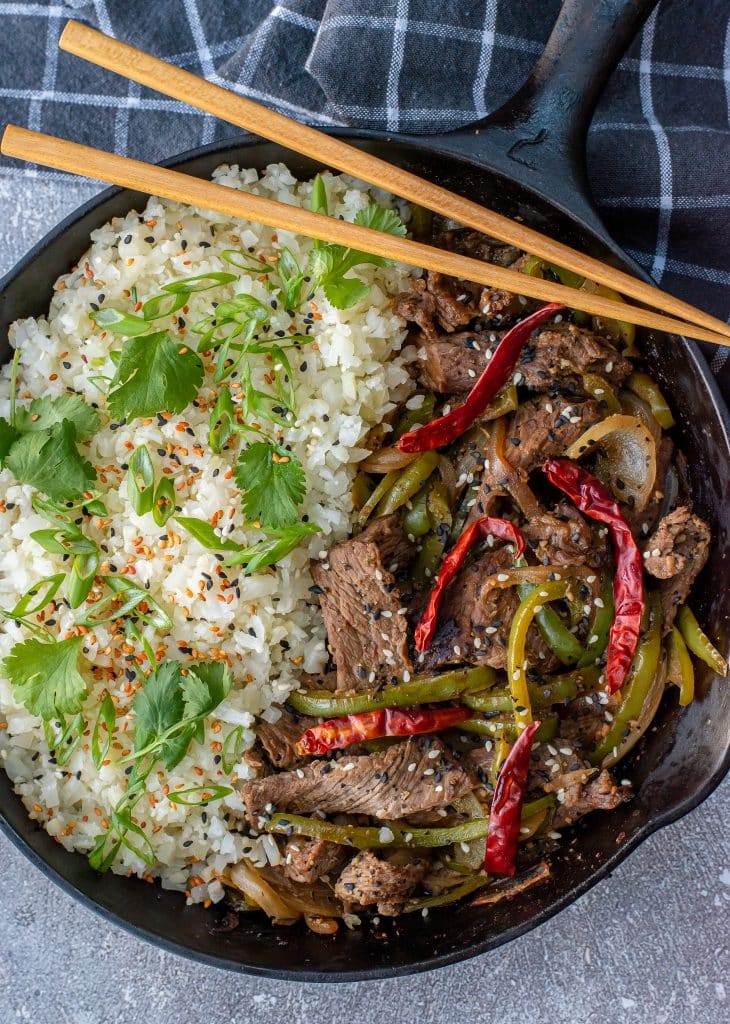 Low carb pepper steak in cast iron skillet