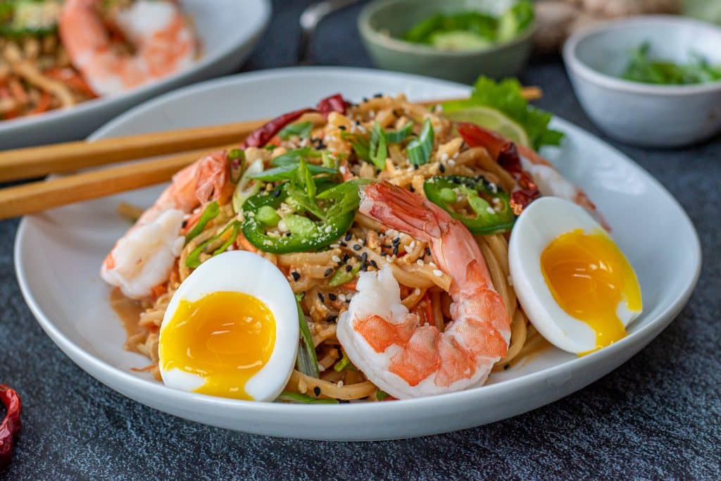 cold sesame noodles with poached shrimp and 7 minute soft boiled eggs