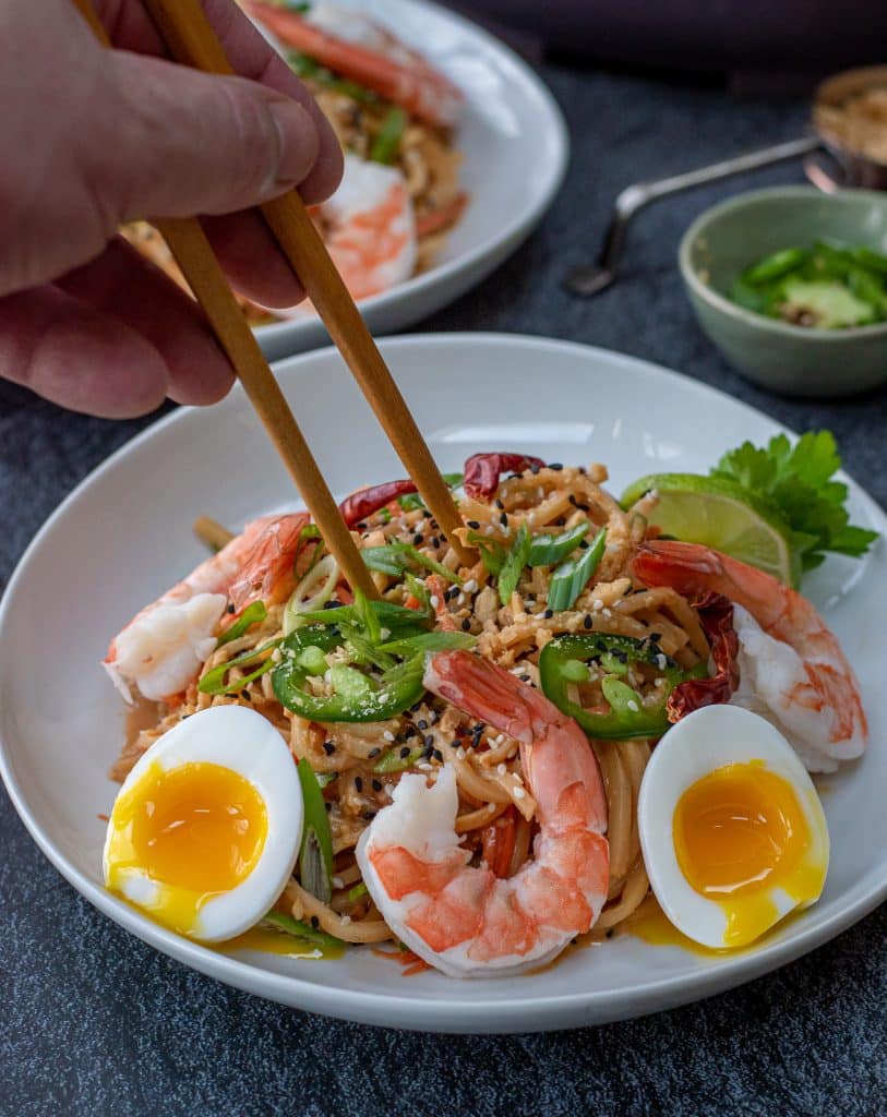 cold sesame noodles with poached shrimp and 7 minute soft boiled eggs