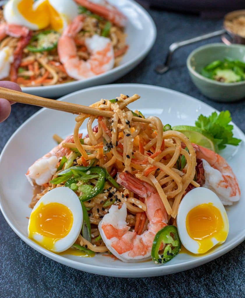 cold sesame noodles with poached shrimp and 7 minute soft boiled eggs