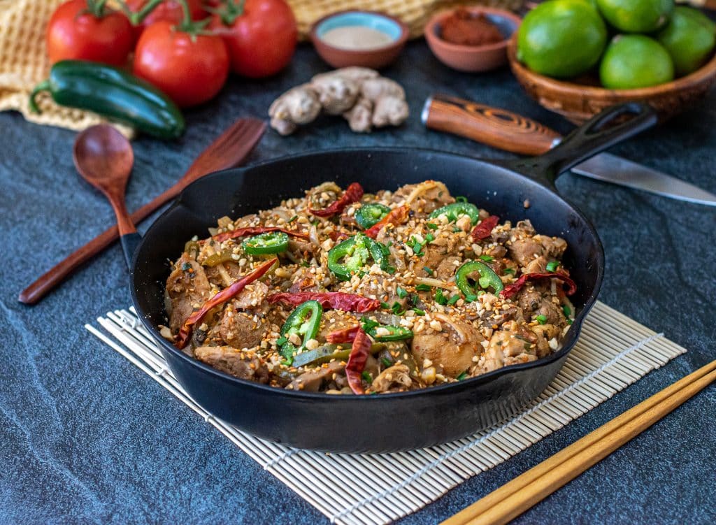 low carb panang chicken curry in cast iron skillet
