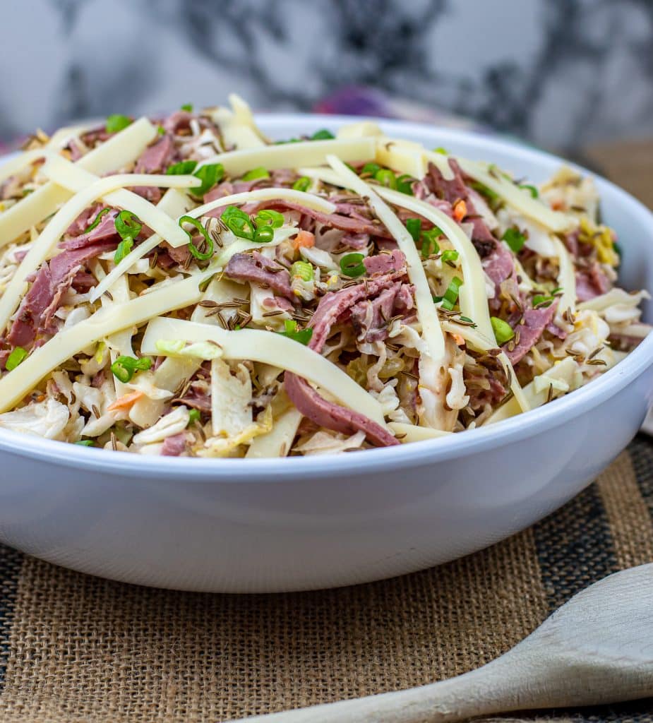 Reuben coleslaw with corned beef cabbage and Swiss cheese