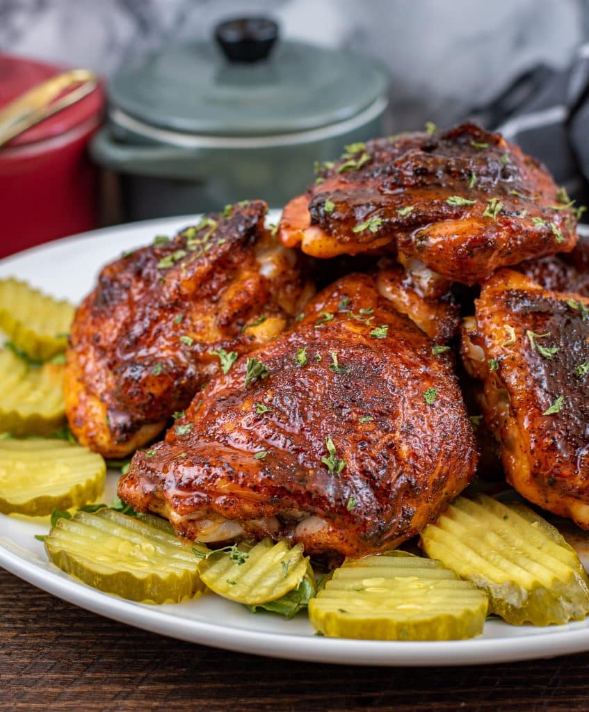 Keto Nashville hot chicken thighs with dill pickle chips