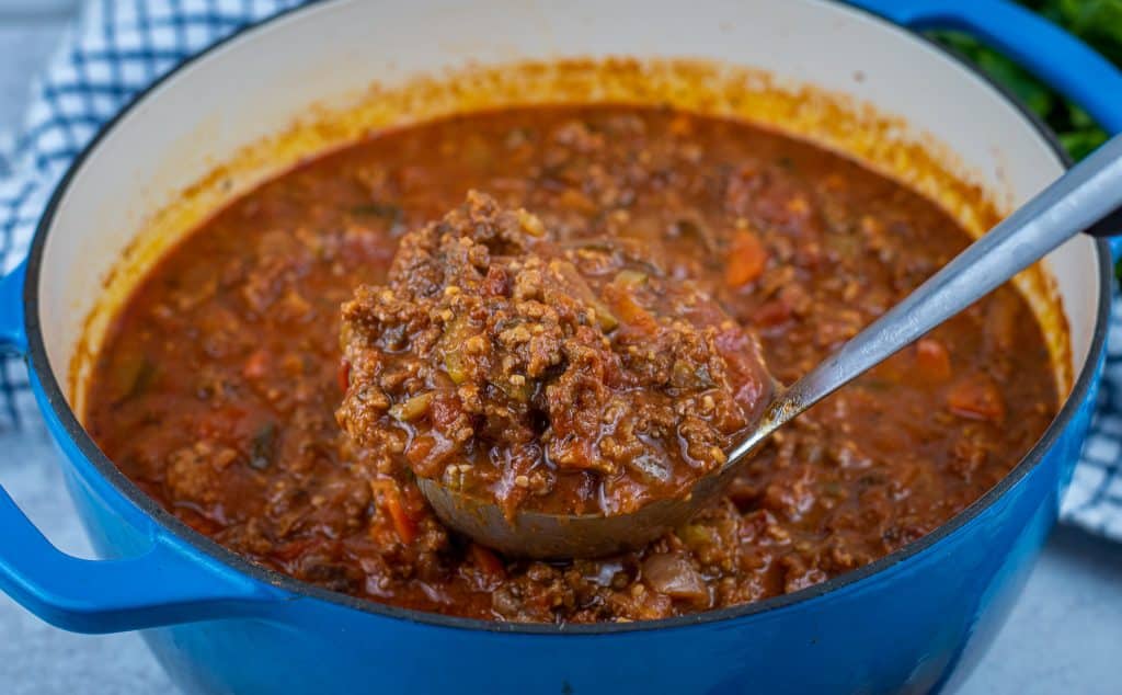 Dutch oven with Low carb Bolognese Sauce