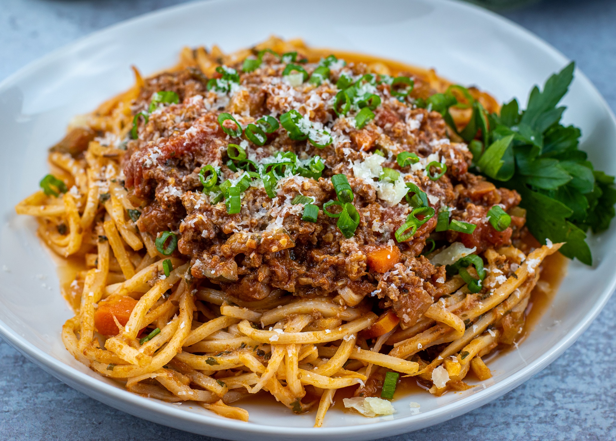 Palmini pasta noodles topped with Bolognese sauce