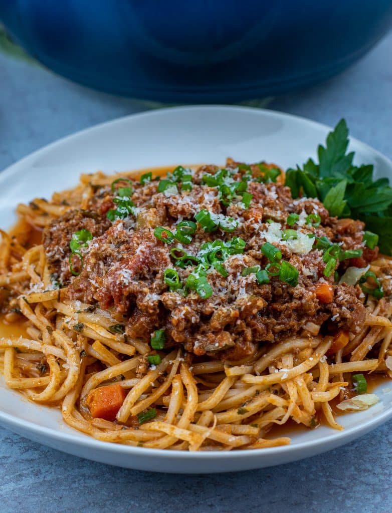Palmini pasta noodles topped with Bolognese sauce