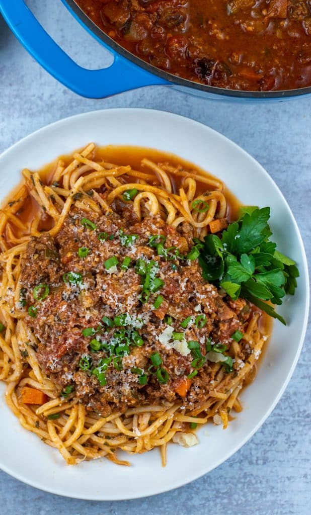 Palmini pasta noodles topped with Bolognese sauce