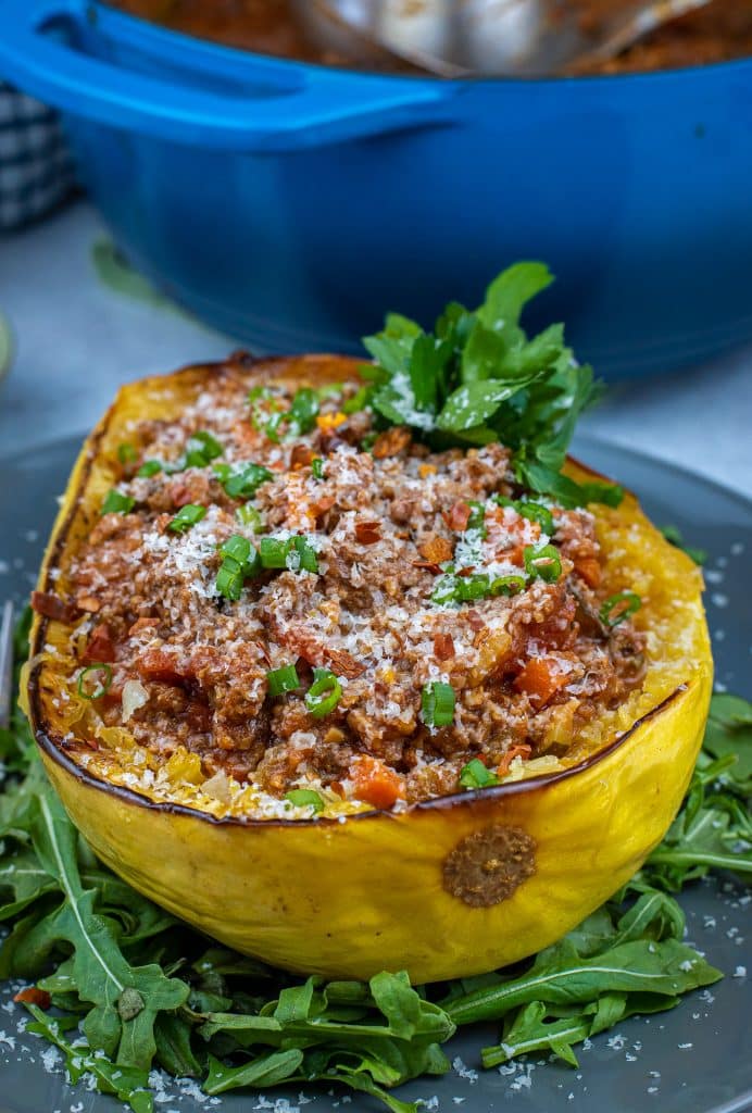 spaghetti squash topped with low carb Bolognese sauce