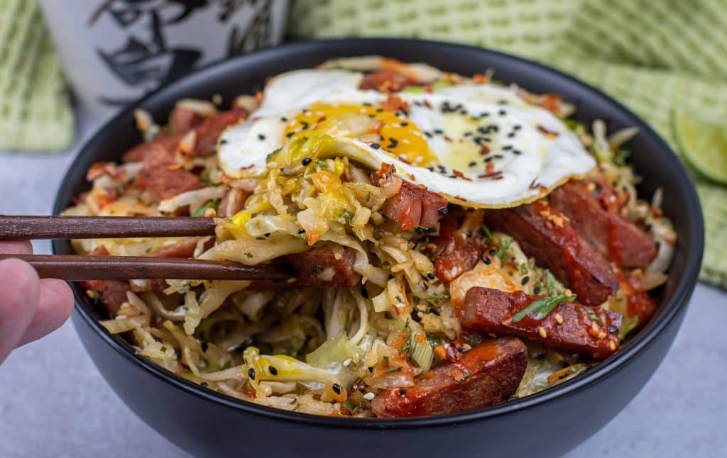 perfectly cooked cabbage spam egg roll bowl