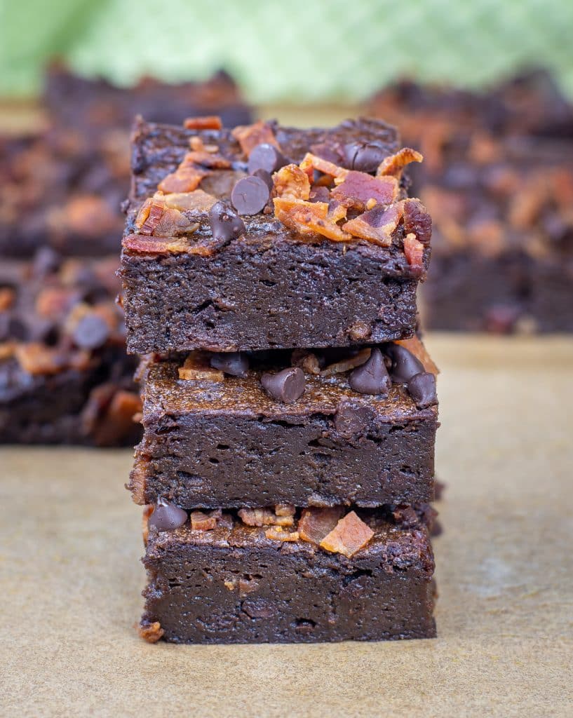 flourless low carb bacon avocado brownies topped with ChocZero chocolate chips
