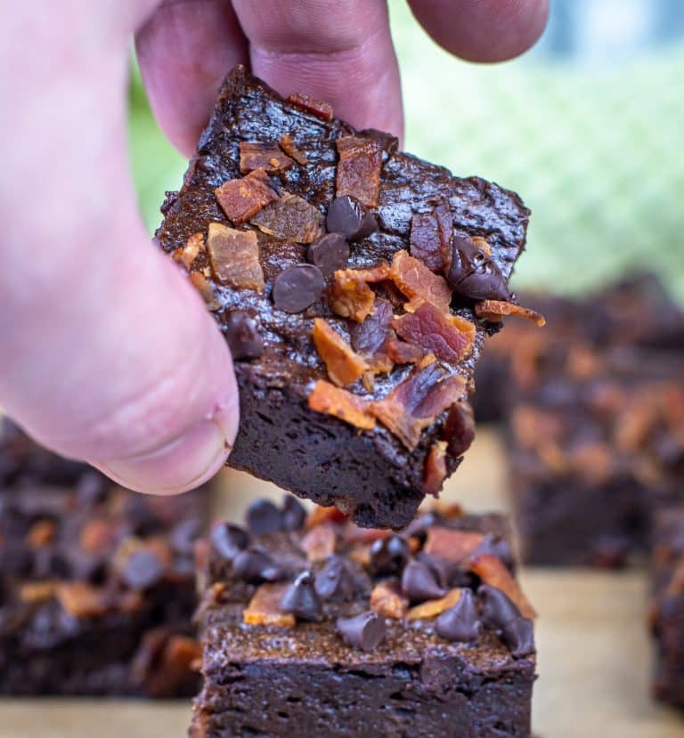 flourless low carb bacon avocado brownies topped with ChocZero chocolate chips