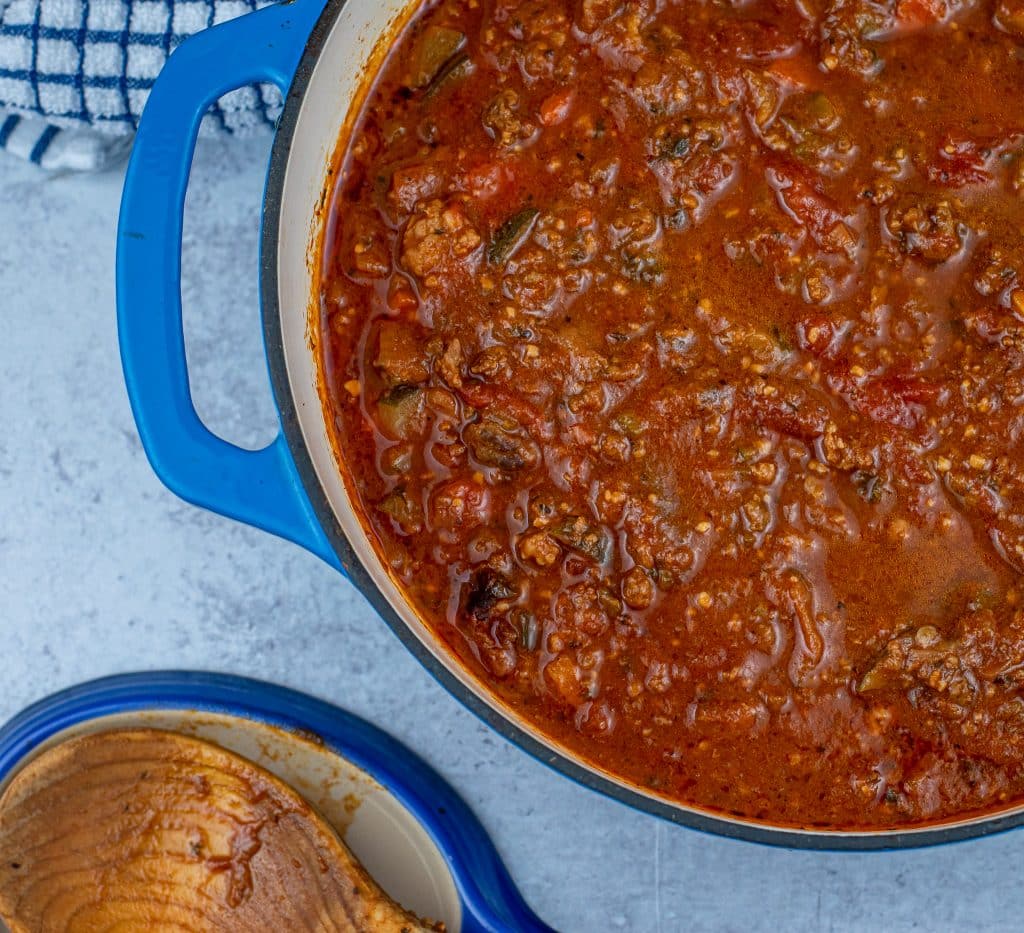 Dutch oven with Low carb Bolognese Sauce
