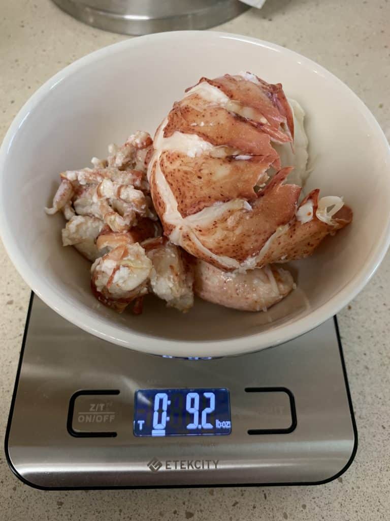 Lobster meat on a scale harvested from a 2 pound lobster