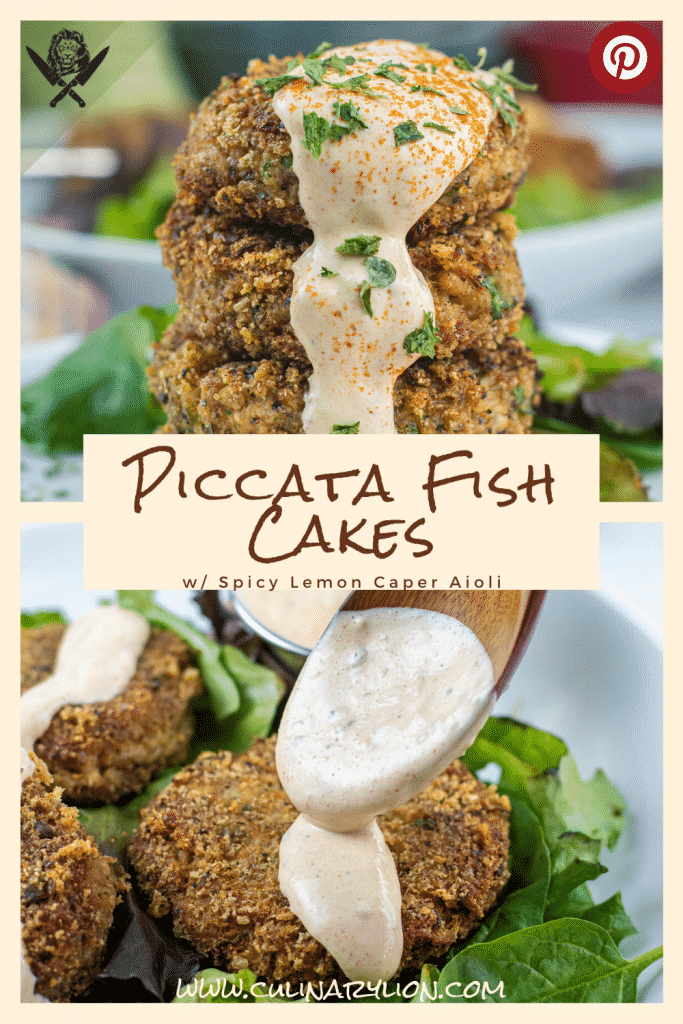 Crispy Piccata fish cakes coated in pork king good breadcrumbs with spicy lemon caper aioli