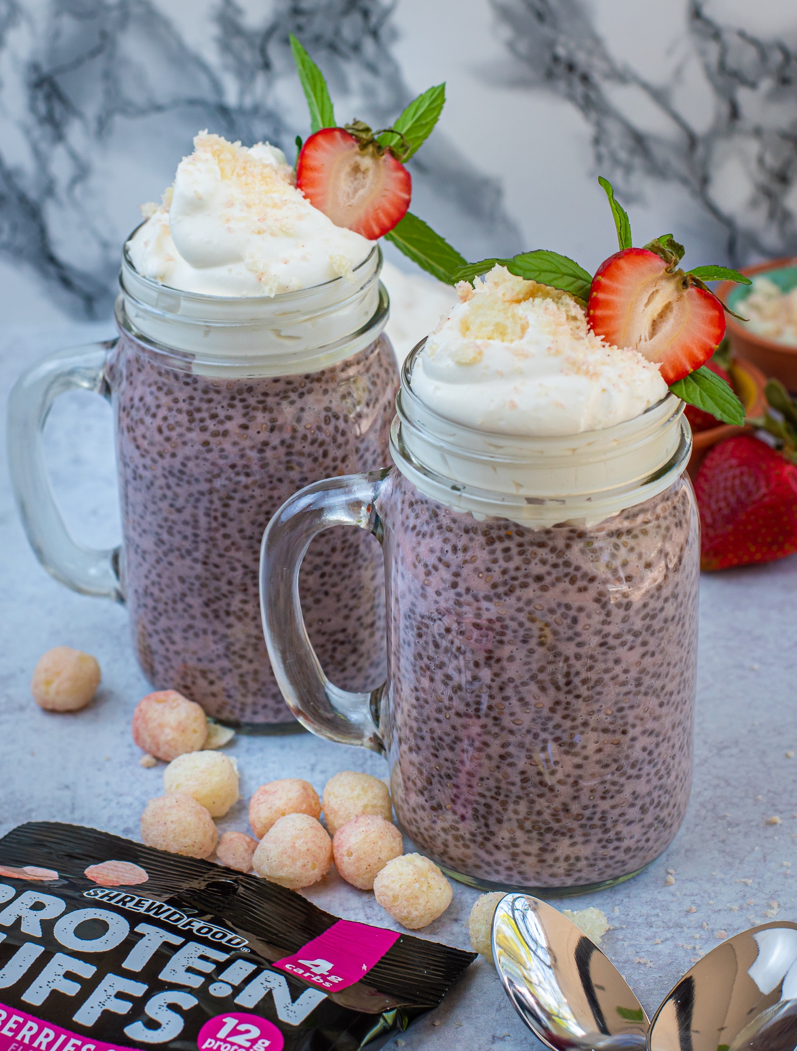 Keto Strawberry crunch chia seed pudding with shrewd foods protein puffs