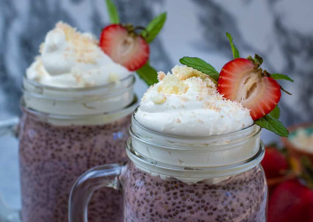 Keto Strawberry crunch chia seed pudding with shrewd foods protein puffs