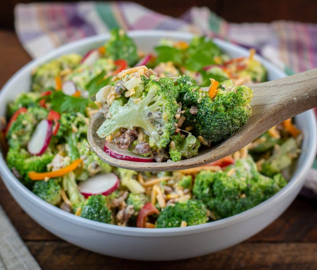 Keto friendly Broccoli salad with cheddar bacon ranch