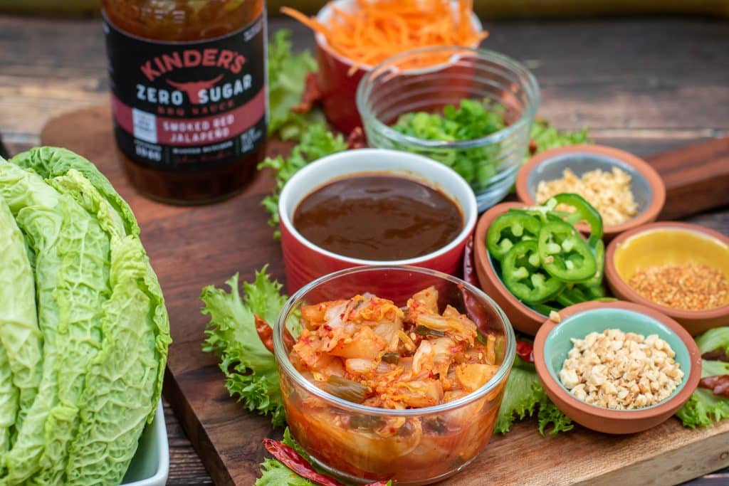 smoked pork loin lettuce cups with kimchi chopped peanuts and asian bbq sauce, Keto Low carb