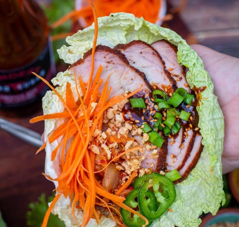 smoked pork loin lettuce cups with kimchi chopped peanuts and asian bbq sauce, Keto Low carb