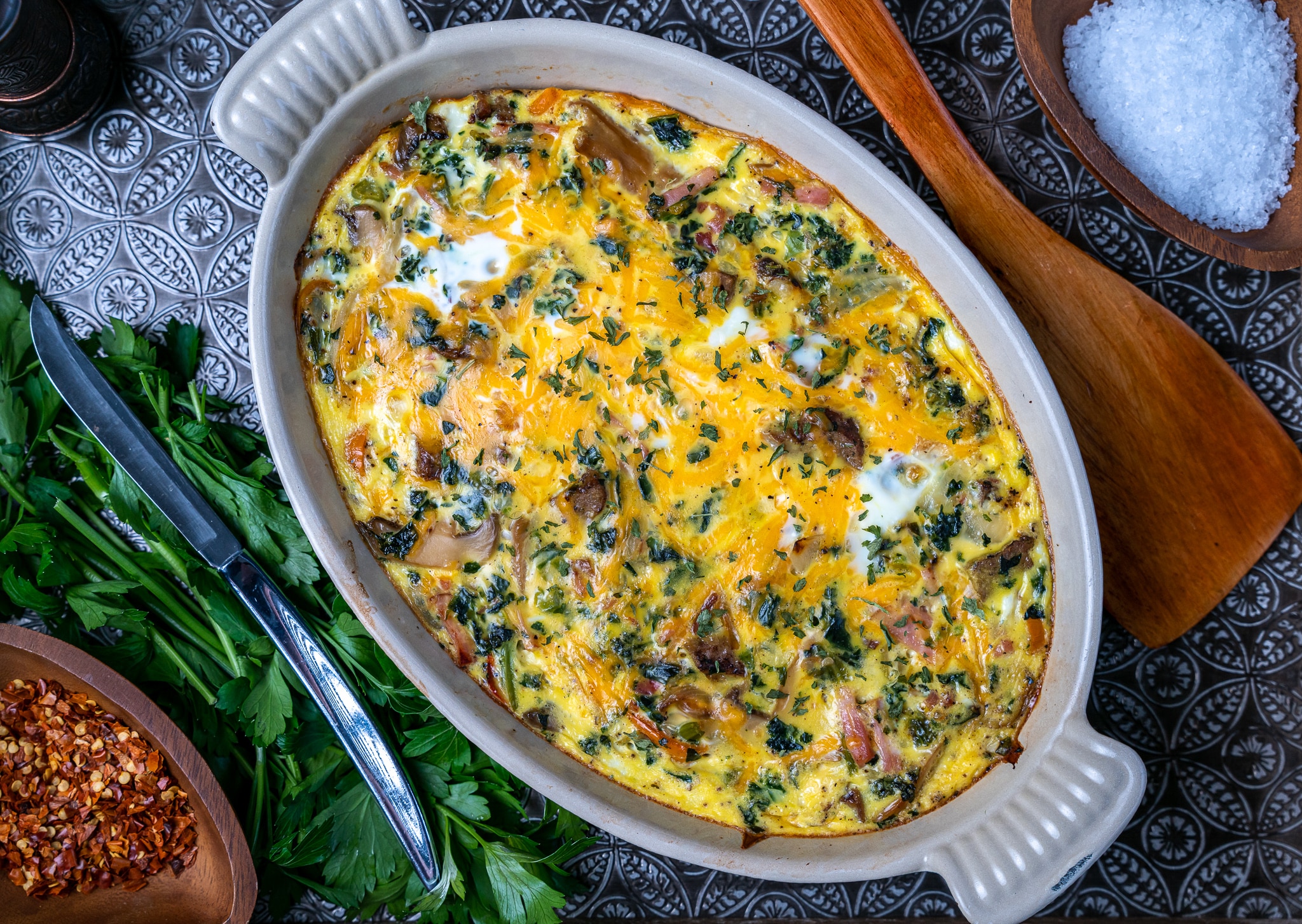 crustless quiche loaded with meat and vegetables