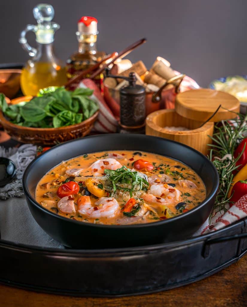 Keto friendly tomato soup with Calabrian Chiles, sausage and shrimp