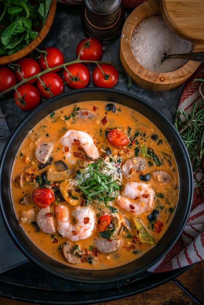 Keto friendly tomato soup with Calabrian Chiles, sausage and shrimp