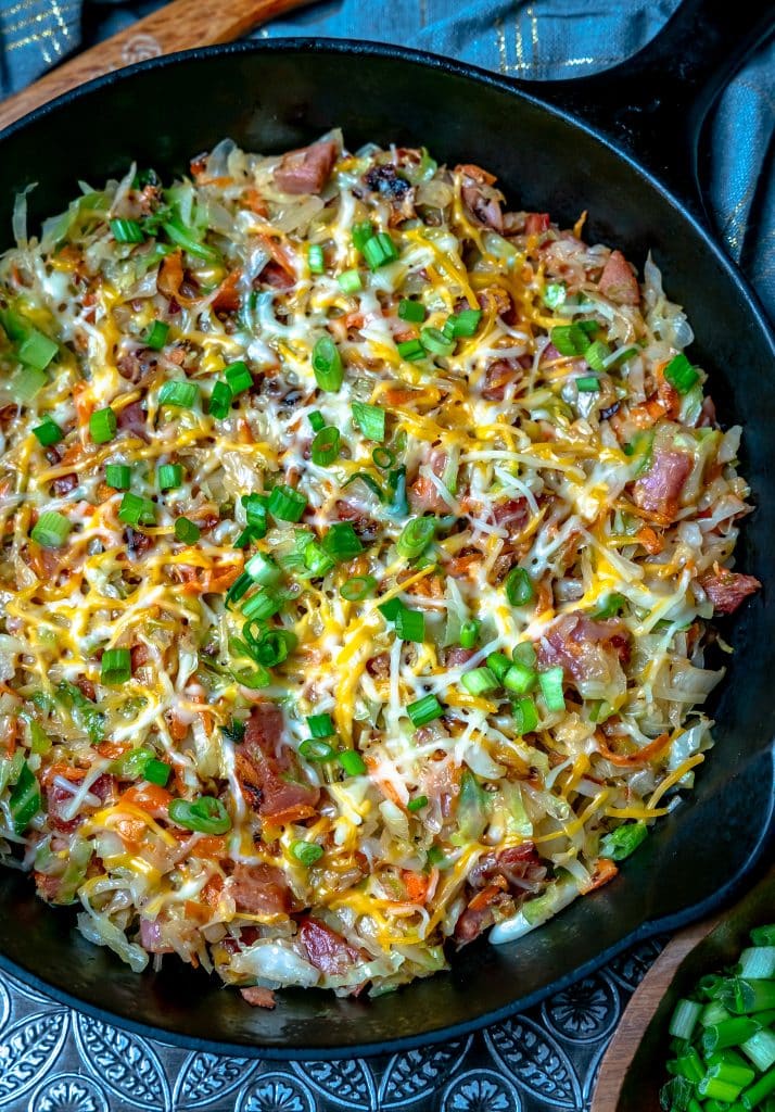 rapid fire recipe Ham & cheese cabbage casserole in a cast iron skillet