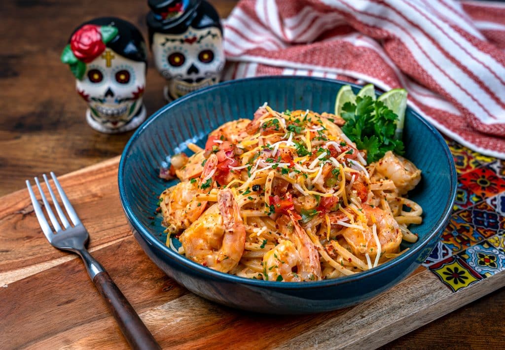Keto Chipotle Shrimp Pasta with sugar skulls
