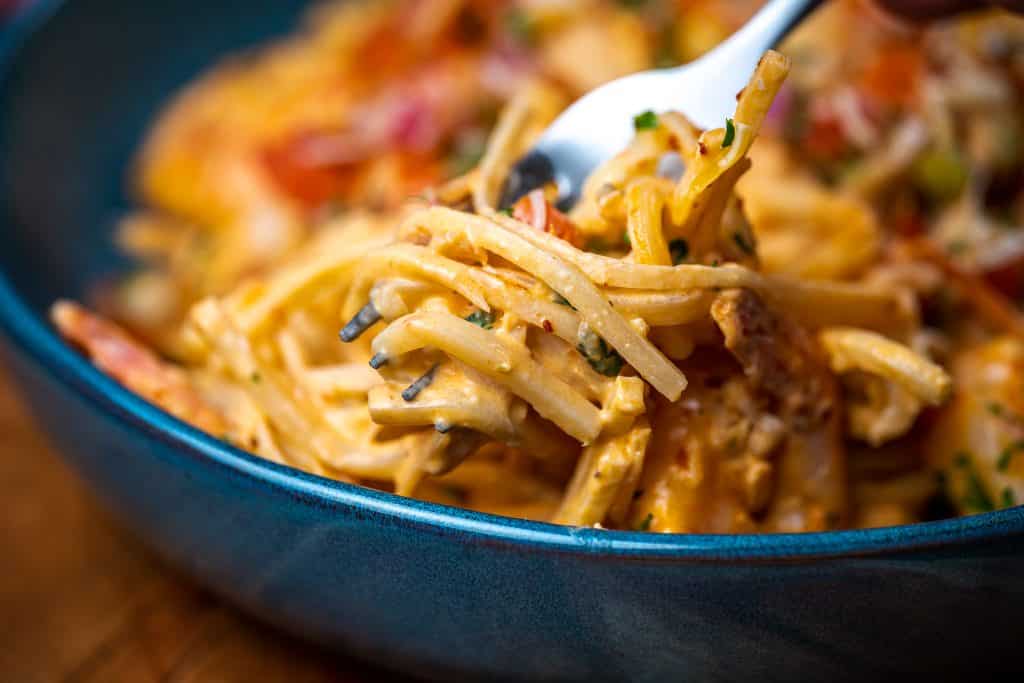 Keto Chipotle Shrimp Pasta on fork