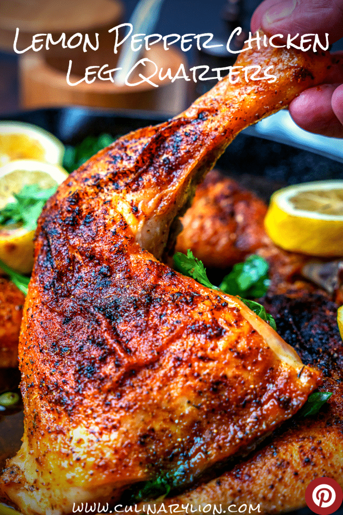 chicken leg quarter in a cast iron skillet with lemon pepper seasoning