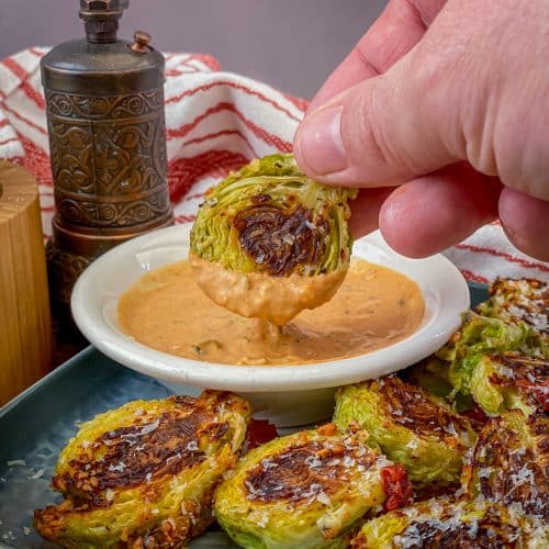 Mayonnaise roasted brussel sprout dipped in creamy vodka sauce