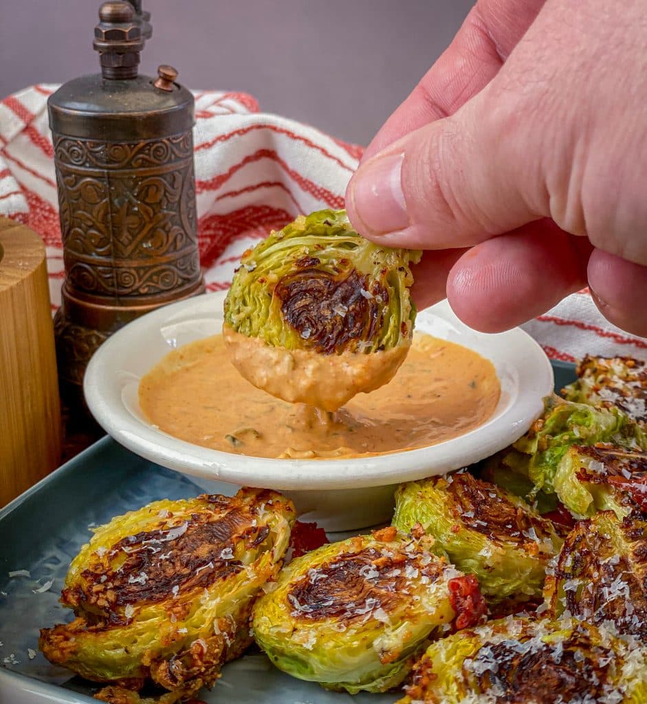 Mayonnaise roasted brussel sprout dipped in creamy vodka sauce